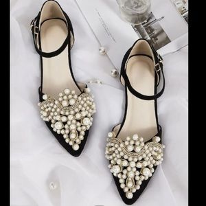Pointed Toe Pearl Ankle Strap Flats